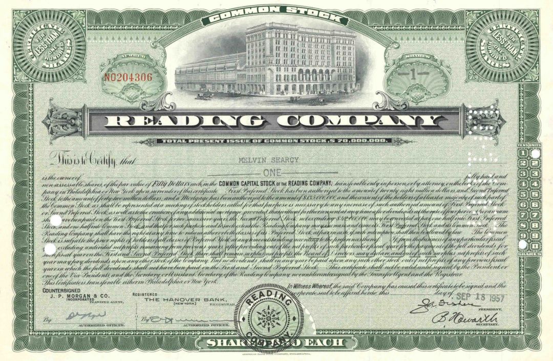 Reading Co. - Railroad Stock Certificate - Beautiful Design