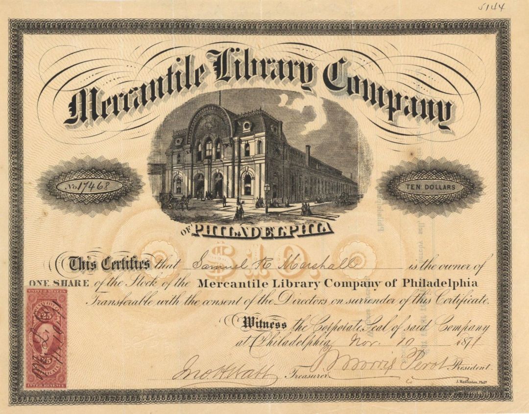 Mercantile Library Co. - 1870's dated Stock Certificate