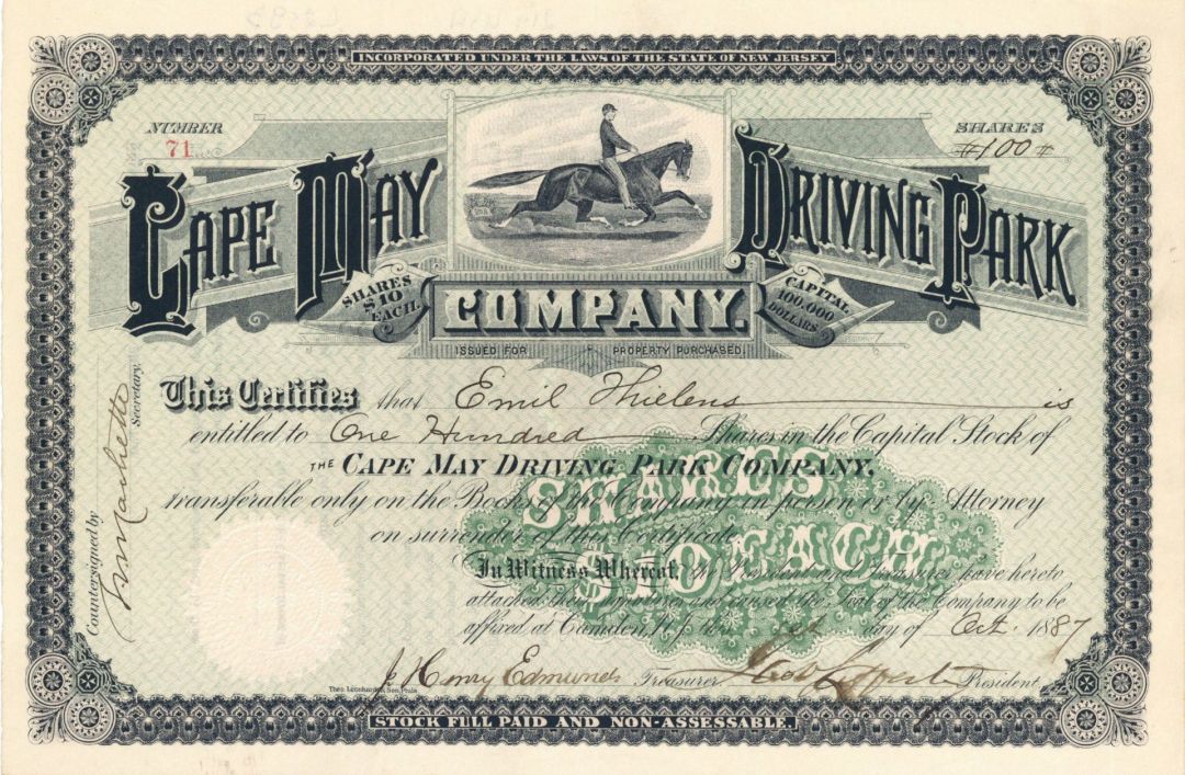 Cape May Driving Park Co. - Horse Racing Stock Certificate