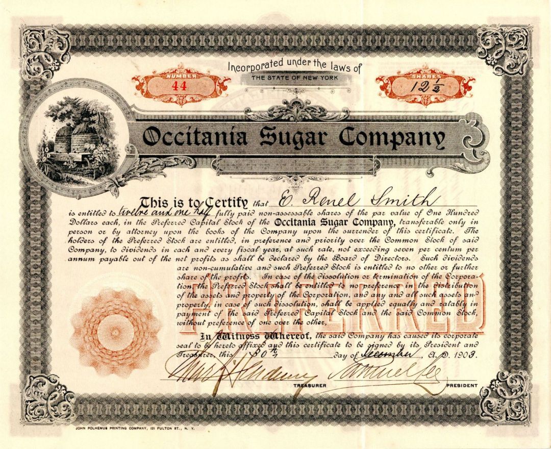 Occitania Sugar Co. - 1903 dated Stock Certificate