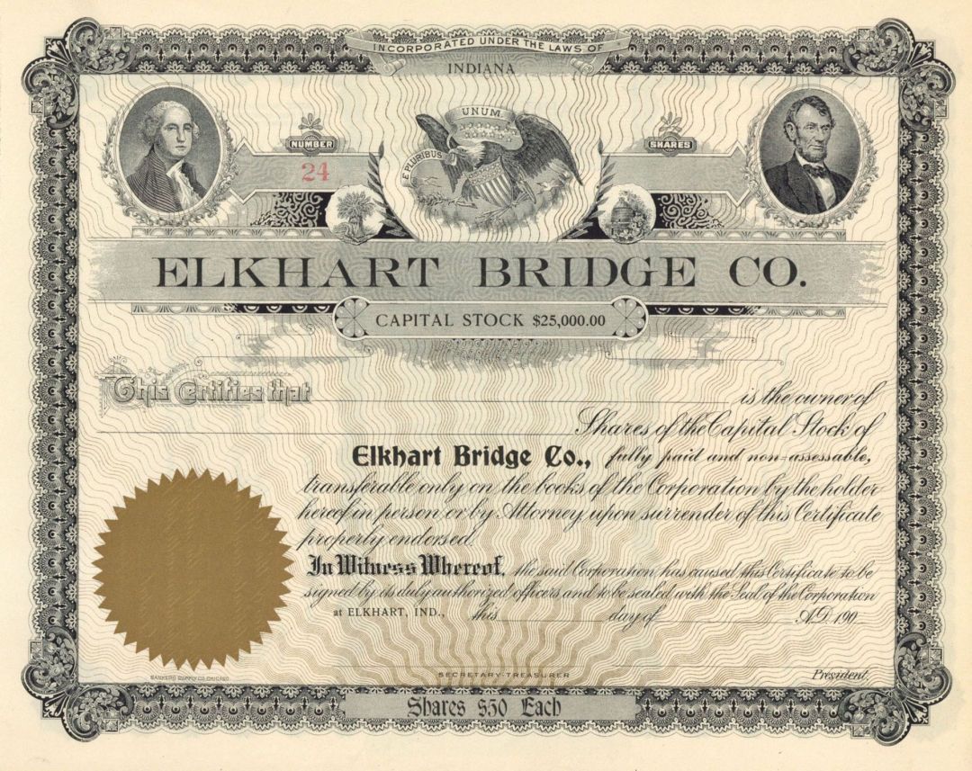 Elkhart Bridge Co. - Unissued Stock Certificate