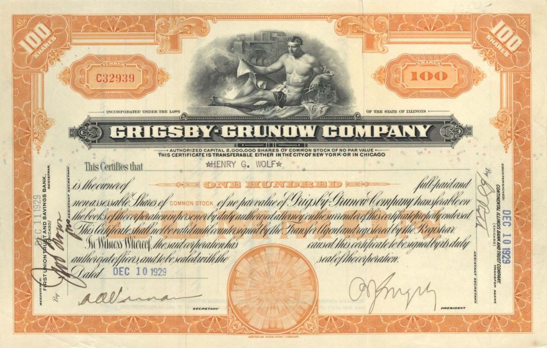 Grigsby-Grunow Co. - 1929-1932 dated Stock Certificate