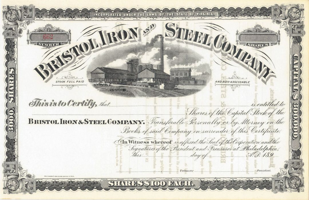 Bristol Iron and Steel Co. - Stock Certificate