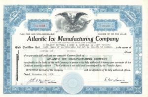 Atlantic Ice Manufacturing Co. - 1927 or 1956 dated Stock Certificate