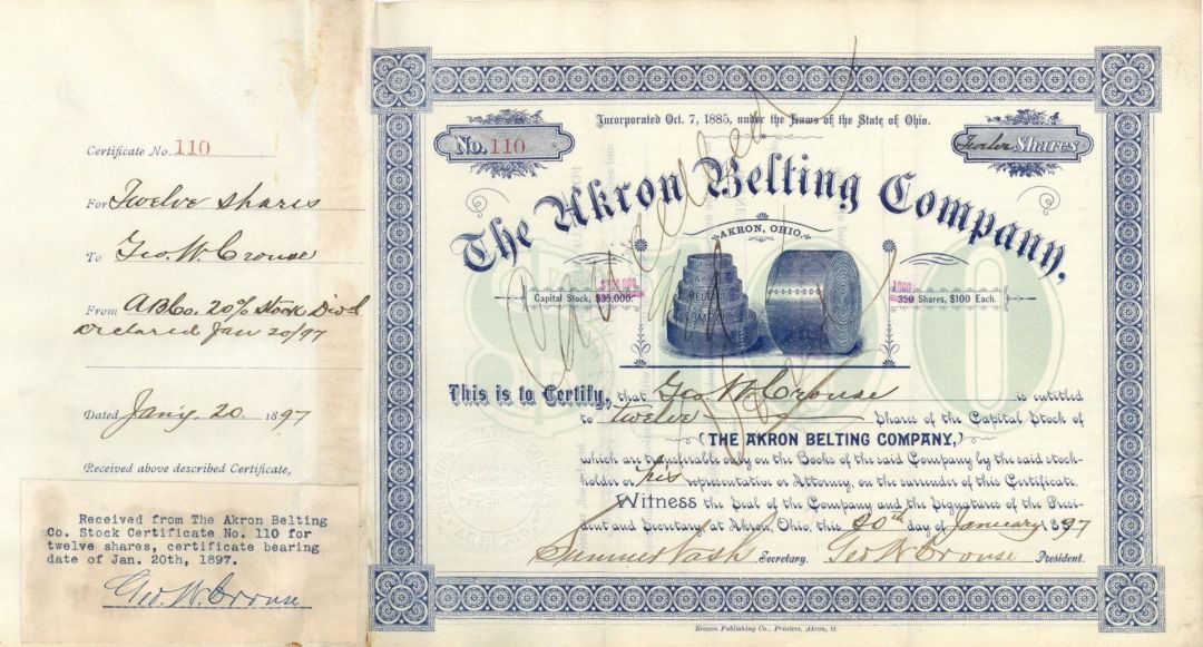 Akron Belting Co. - 1893-1897 dated Stock Certificate