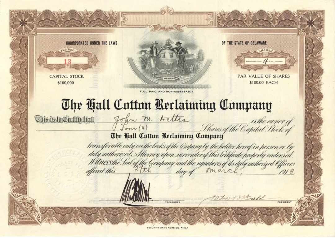 Hall Cotton Reclaiming Co. - 1913 or 1914 dated Stock Certificate