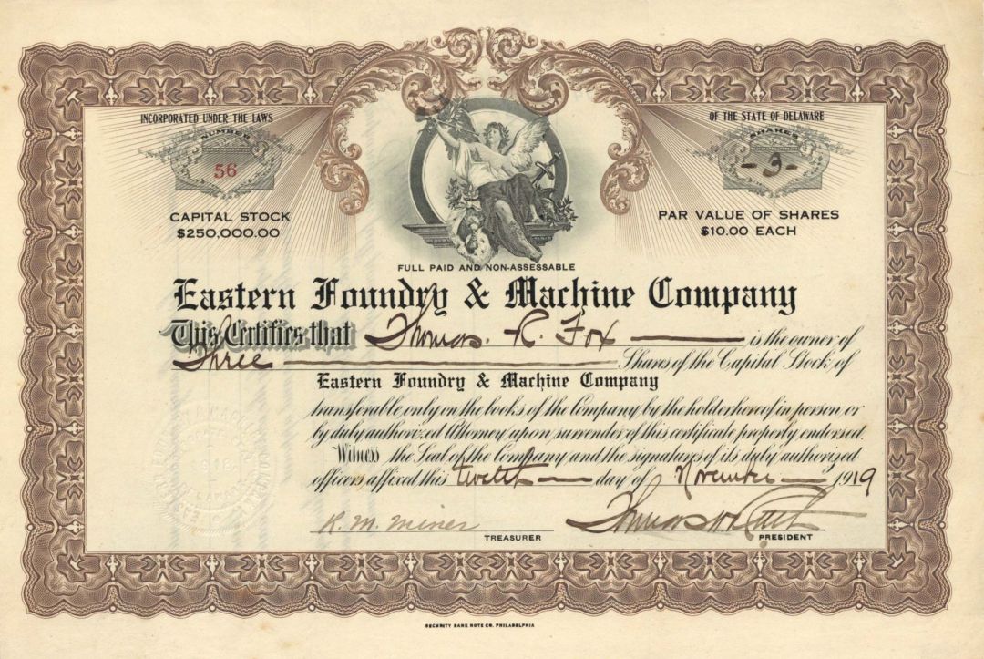 Eastern Foundry and Machine Co. - 1919 or 1920 dated Stock Certificate