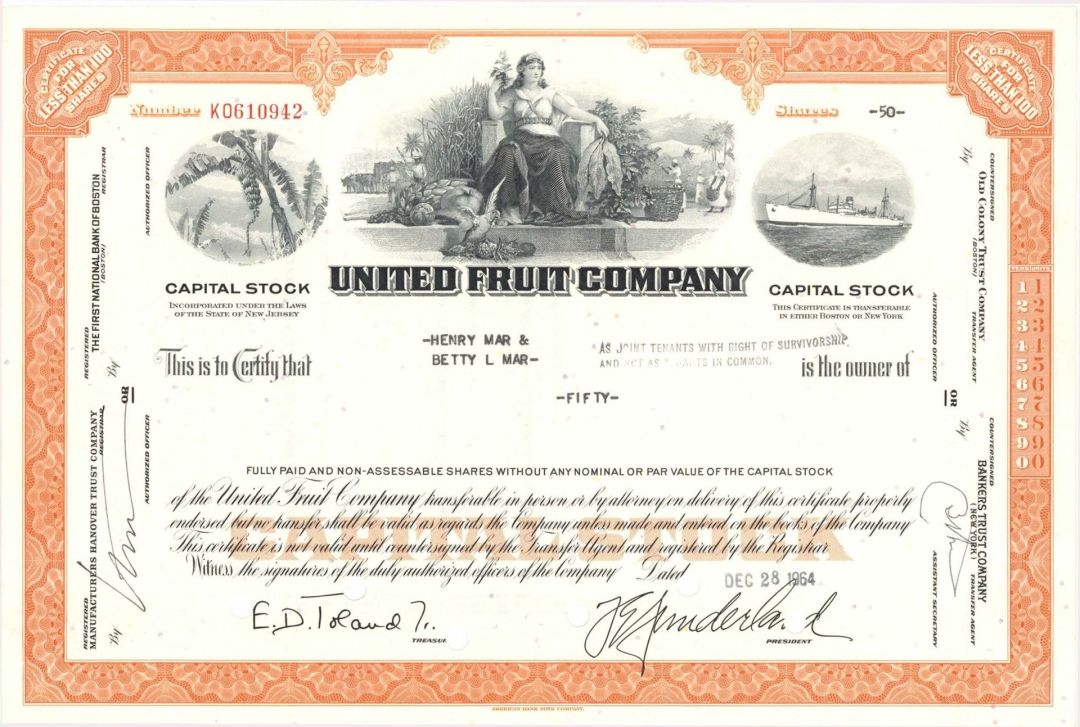 United Fruit Co. - 1964 dated Stock Certificate