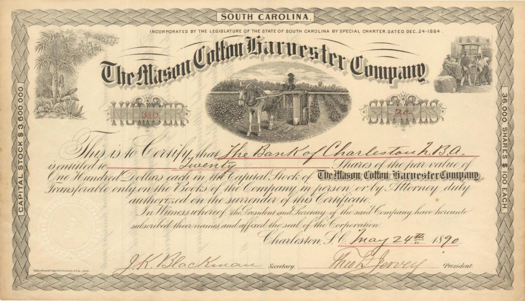 Mason Cotton Harvester Co. - 1890 dated Stock Certificate