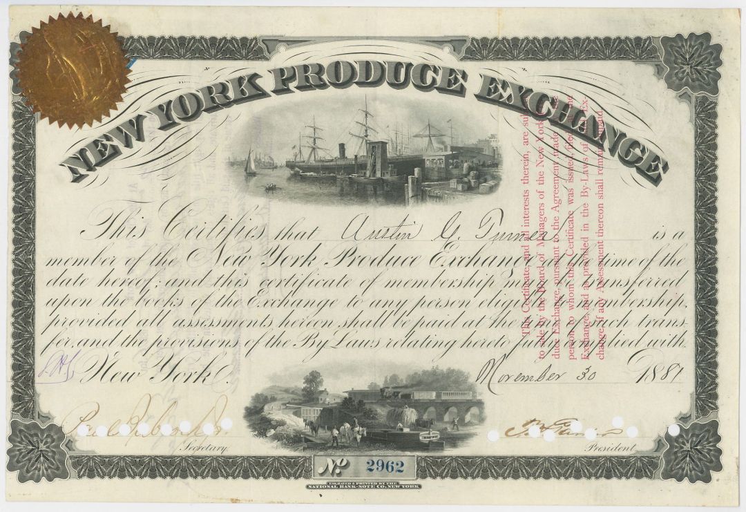 New York Produce Exchange - 1881 dated Stock Certificate