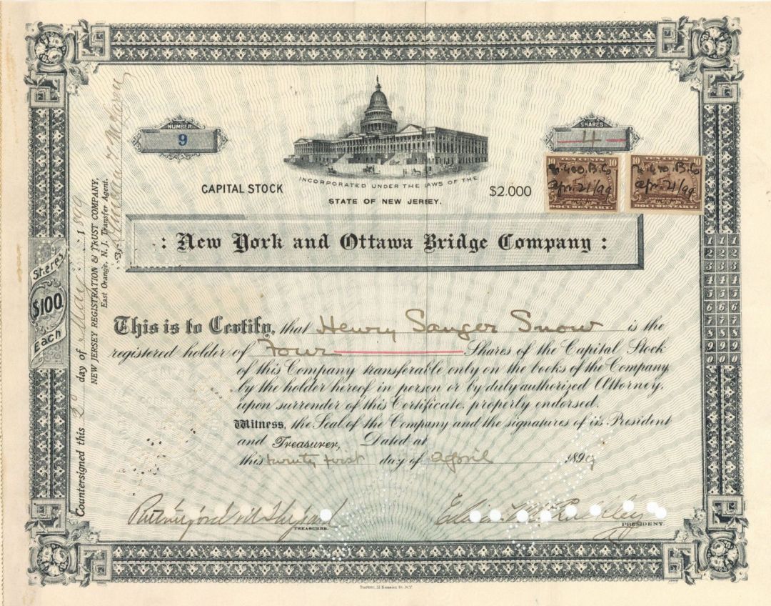 New York and Ottawa Bridge Co. - 1899 dated Railroad Bridge Stock Certificate