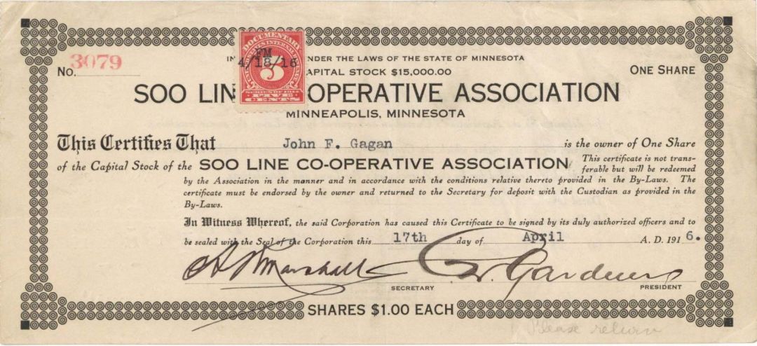 Soo Line Co-Operative Association - 1916 dated Stock Certificate