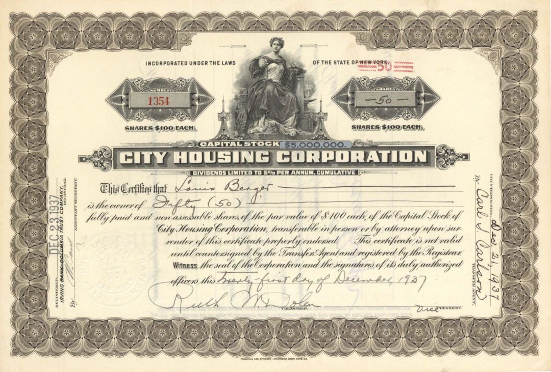 City Housing Corp. - 1937 dated Stock Certificate