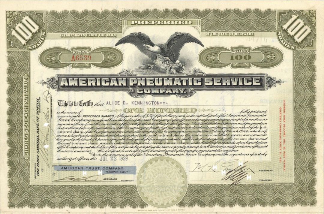 American Pneumatic Service Co. - 1929-1935 dated Stock Certificate