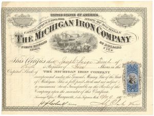 Michigan Iron Co. - 1872 dated Michigan Stock Certificate - Very Rare