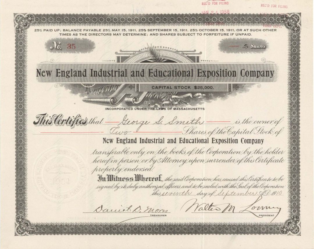 New England Industrial and Educational Exposition Co. - 1910 dated Stock Certificate