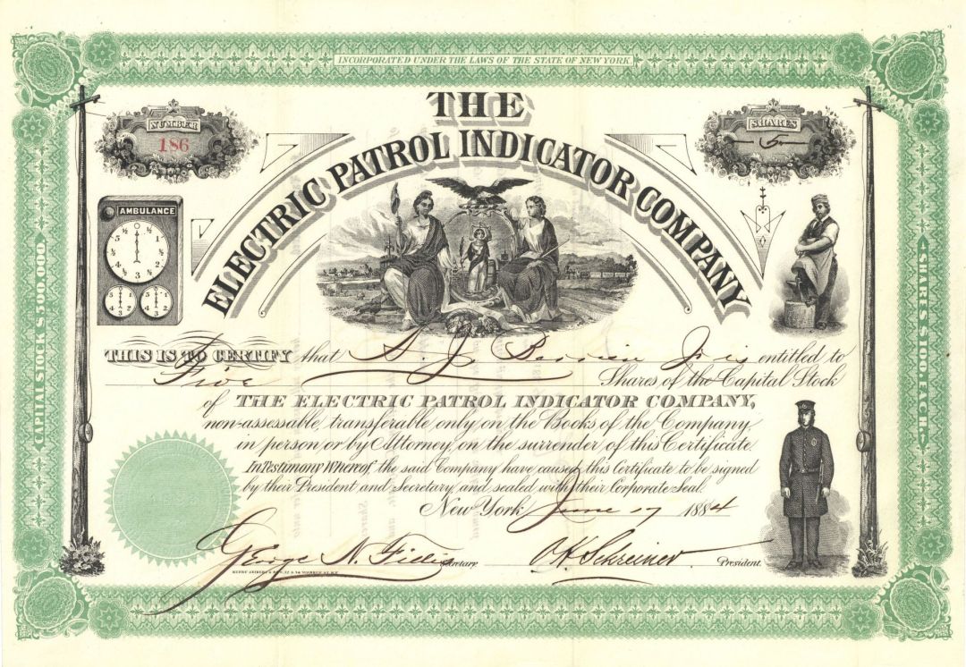 Electric Patrol indicator Co. - 1884 dated Stock Certificate - Several Unique Vignettes