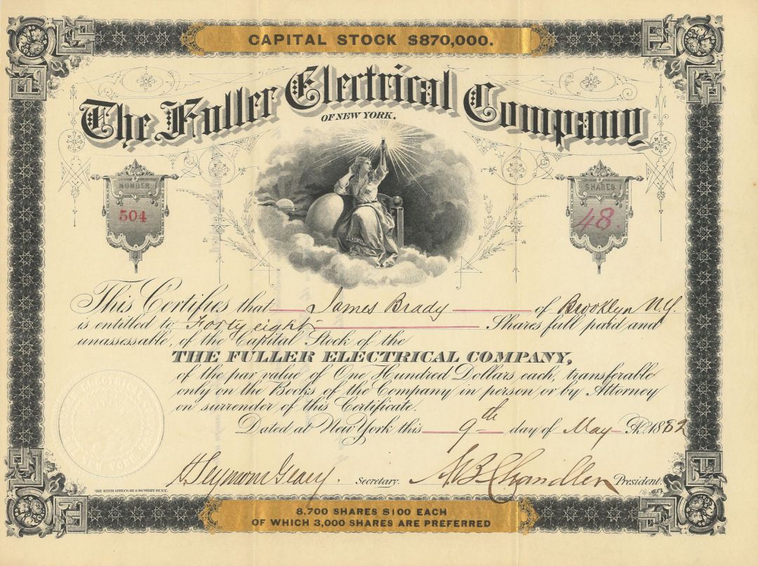 1880's dated Fuller Electrical Co. of New York - Signed as president by Albert B. Chandler - Chandler Worked with Thomas Edison and Thomas Eckert - New York Utility Stock Certificate