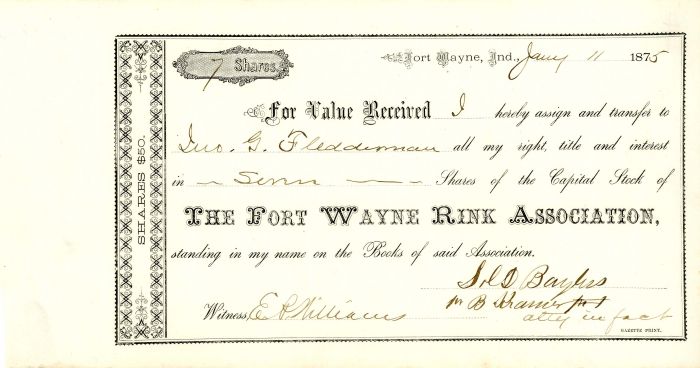 Fort Wayne Rink Association - Stock Certificate