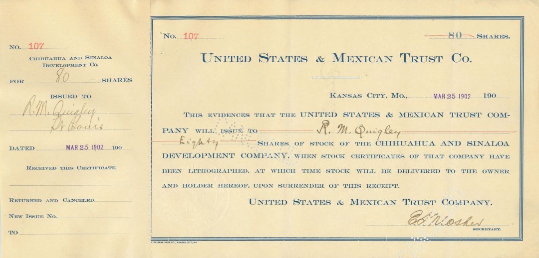 United States and Mexican Trust Co. - 1902 dated Stock Certificate