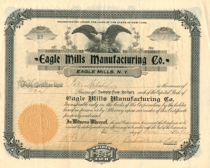 Eagle Mills Manufacturing Co. - Stock Certificate