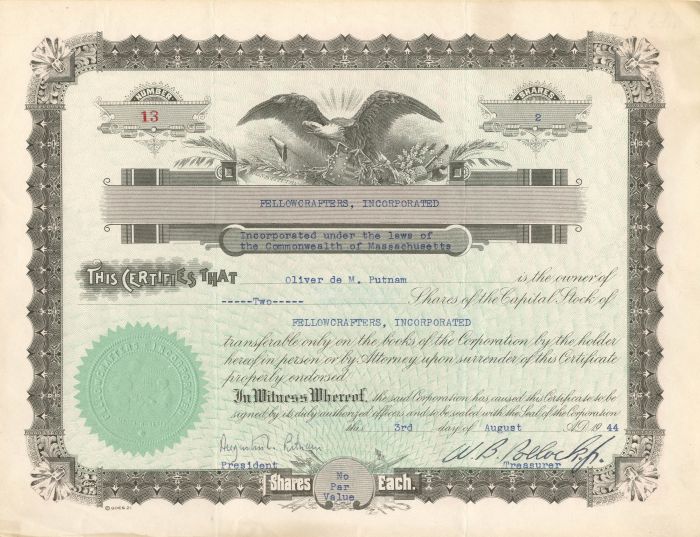 Fellowcrafters, Incorporated - Stock Certificate