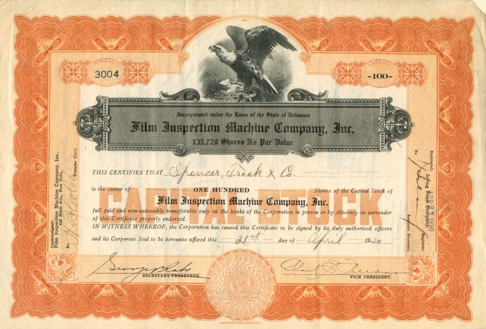 Film Inspection Machine Co., Inc. - Stock Certificate