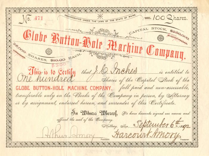 Globe Button-Hole Machine Co. - Stock Certificate