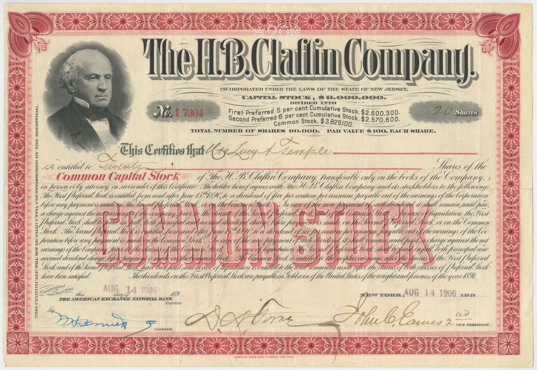 H.B. Claflin Company - Mercantile Store Stock Certificate (Uncanceled)