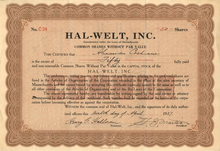 Hal-Welt, Inc. - Stock Certificate