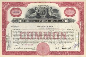 Hat Corporation of America - 1935-1938 dated Hatmaker Stock Certificate - Great History