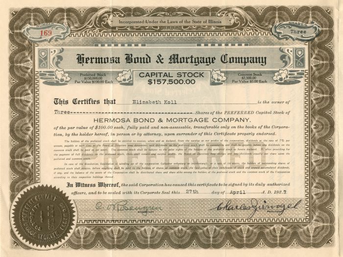 Hermosa Bond and Mortgage Co. - Stock Certificate