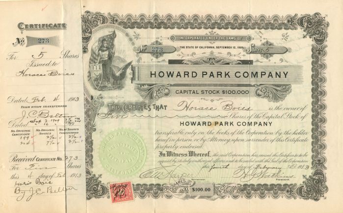Howard Park Co. - Stock Certificate