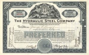 Hydraulic Steel Co. - 1920's dated Stock Certificate