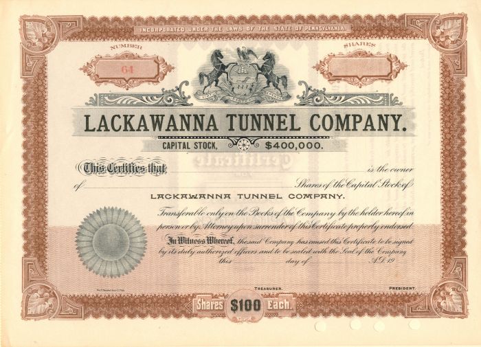 Lackawanna Tunnel Co. - Stock Certificate