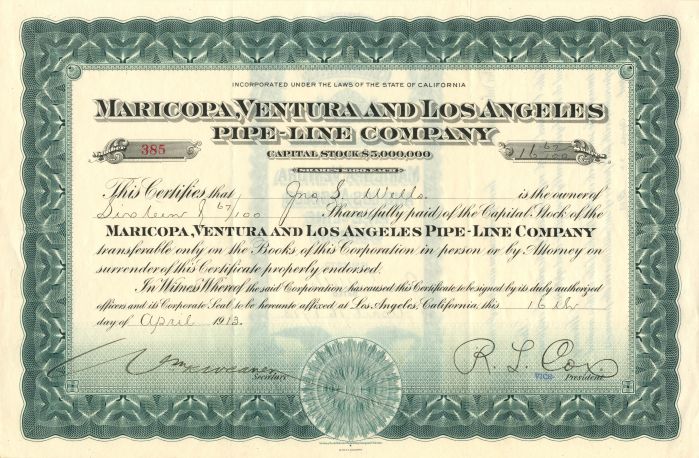 Maricopa, Ventura and Los Angeles Pipe-Line Co. - Stock Certificate