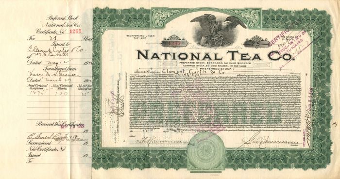 National Tea Co. - Stock Certificate