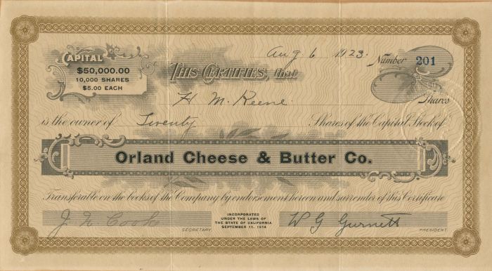 Orland Cheese and Butter Co. - Stock Certificate