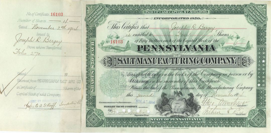 Pennsylvania Salt Manufacturing Co. - 1914 or 1929 dated Stock Certificate