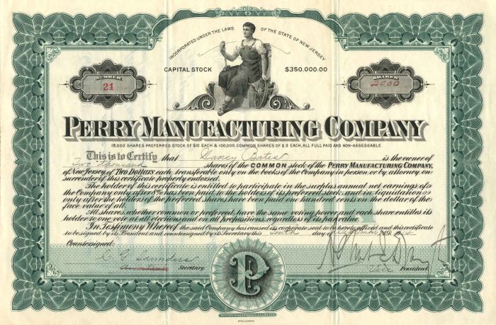 Perry Manufacturing Co. - Stock Certificate