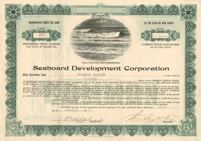 Seaboard Development Corporation - Stock Certificate