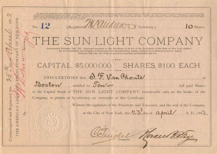 Sun Light Co. - Stock Certificate