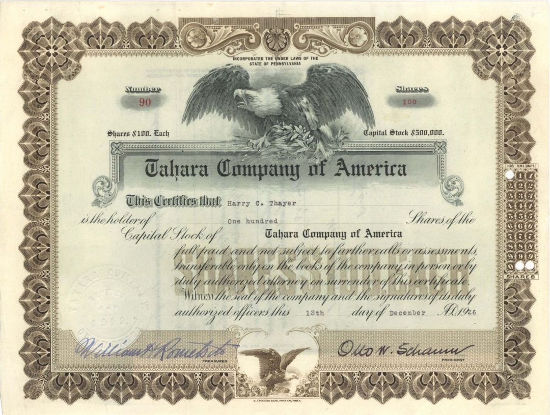 Tahara Co. of America - 1926 dated Stock Certificate