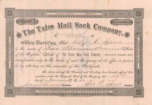 Tatro Mail Sack Co. - 1891 dated Stock Certificate