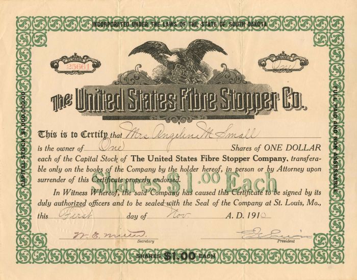 United States Fibre Stopper Co. - Stock Certificate