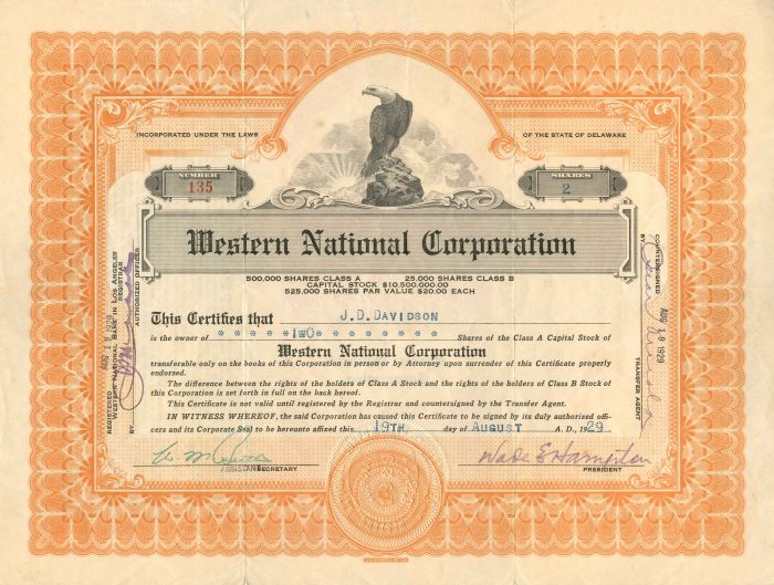 Western National Corporation - Stock Certificate