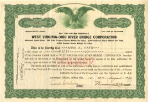 West Virginia-Ohio River Bridge Corporation - Stock Certificate