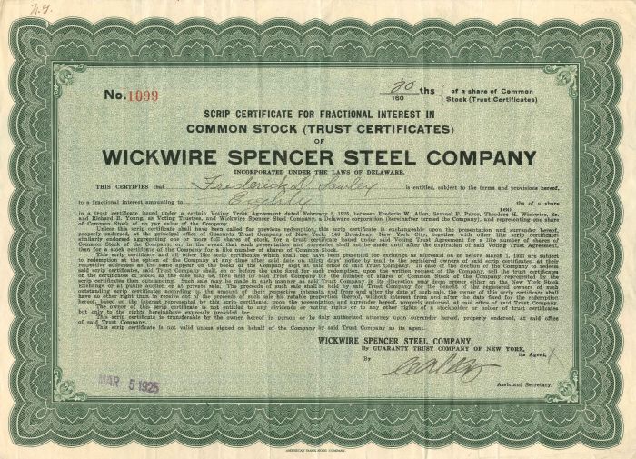 Wickwire Spencer Steel Co. - Stock Certificate