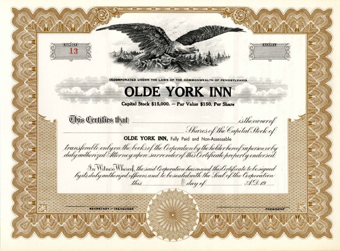 Olde York Inn - Stock Certificate