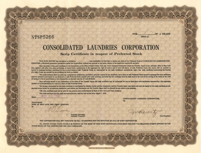 Consolidated Laundries Corporation - Stock Certificate